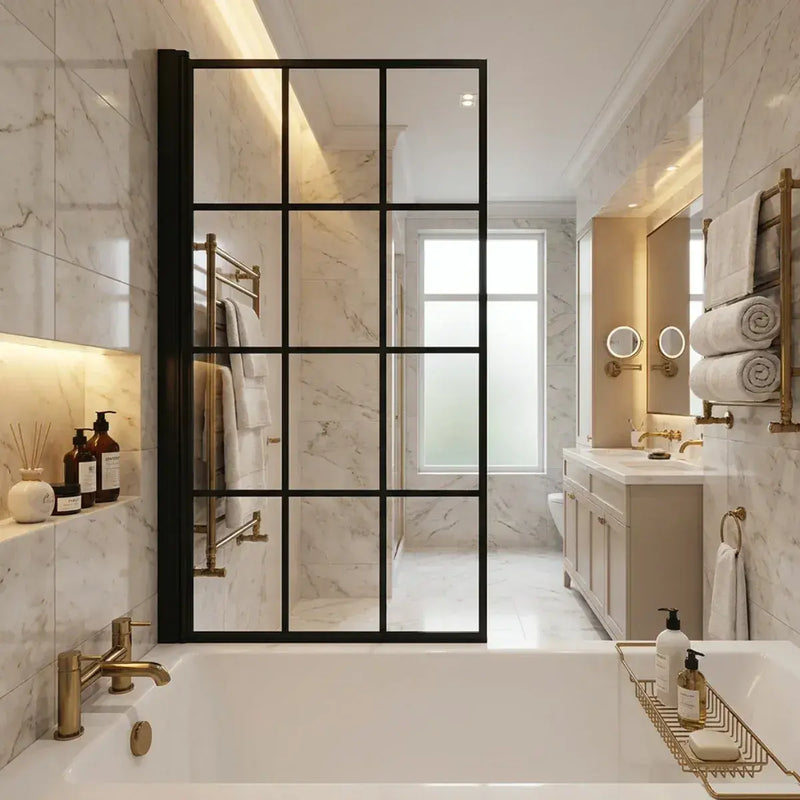Black Framed Single Straight Bath Screen - Black Wall Profile