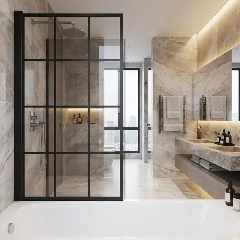 Black Framed Single Straight Bath Screen - Black Wall Profile