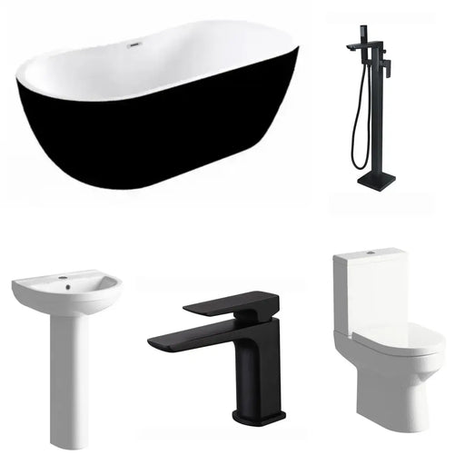 Black Freestanding Bath with Shower Mixer Taps, Basin Tap, Toilet and Pedestal Basin