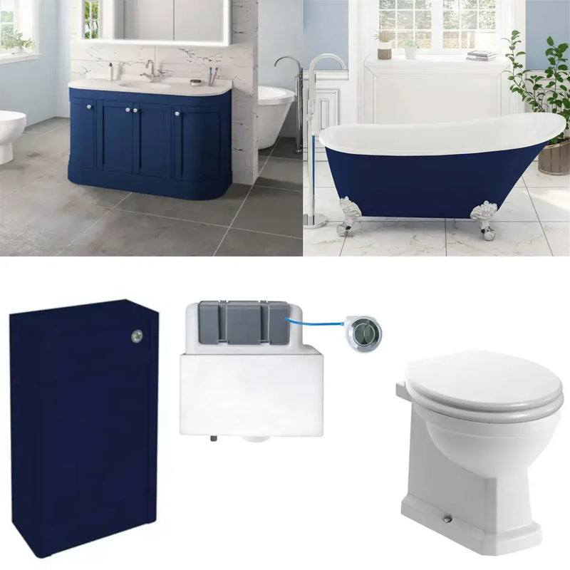 Blue Freestanding Bath with Vanity Unit, Toilet Unit, Pan and Concealed Cistern