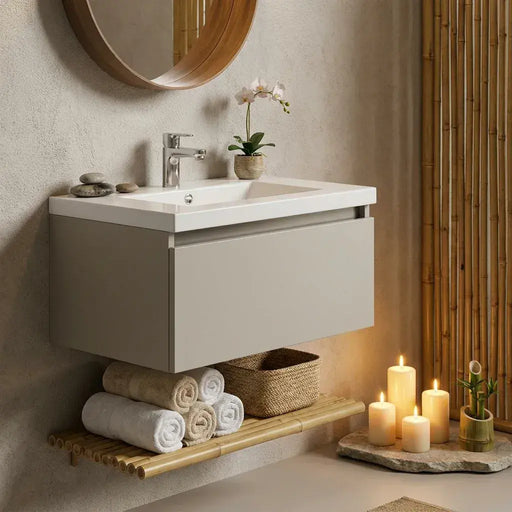 Carmine 615mm 1 Drawer Wall Hung Basin Unit Inc. Basin, Matt Latte