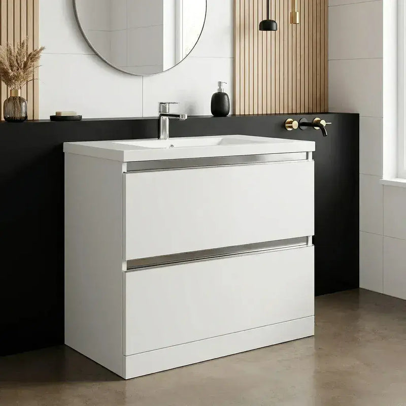 Carmine 815mm 2 Drawer Floor Standing Basin Unit Inc. Basin, White Gloss