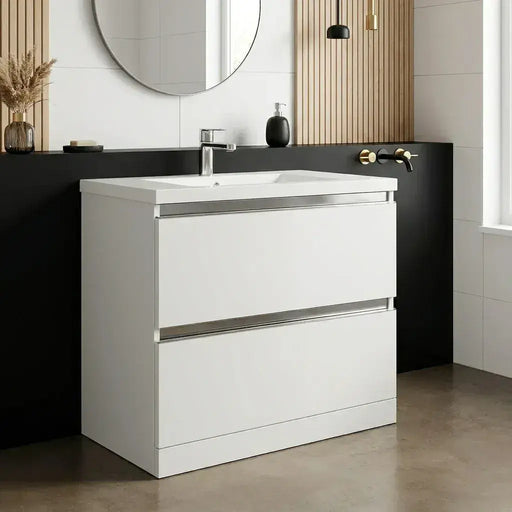 Carmine 815mm 2 Drawer Floor Standing Basin Unit Inc. Basin, White Gloss