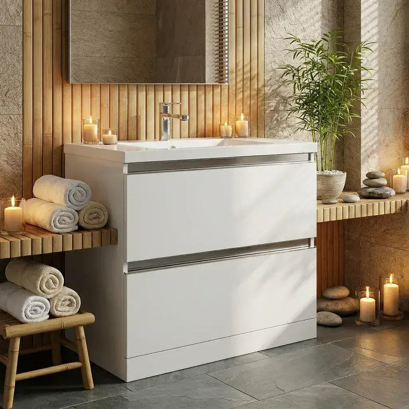 Carmine 815mm 2 Drawer Floor Standing Basin Unit Inc. Basin, White Gloss