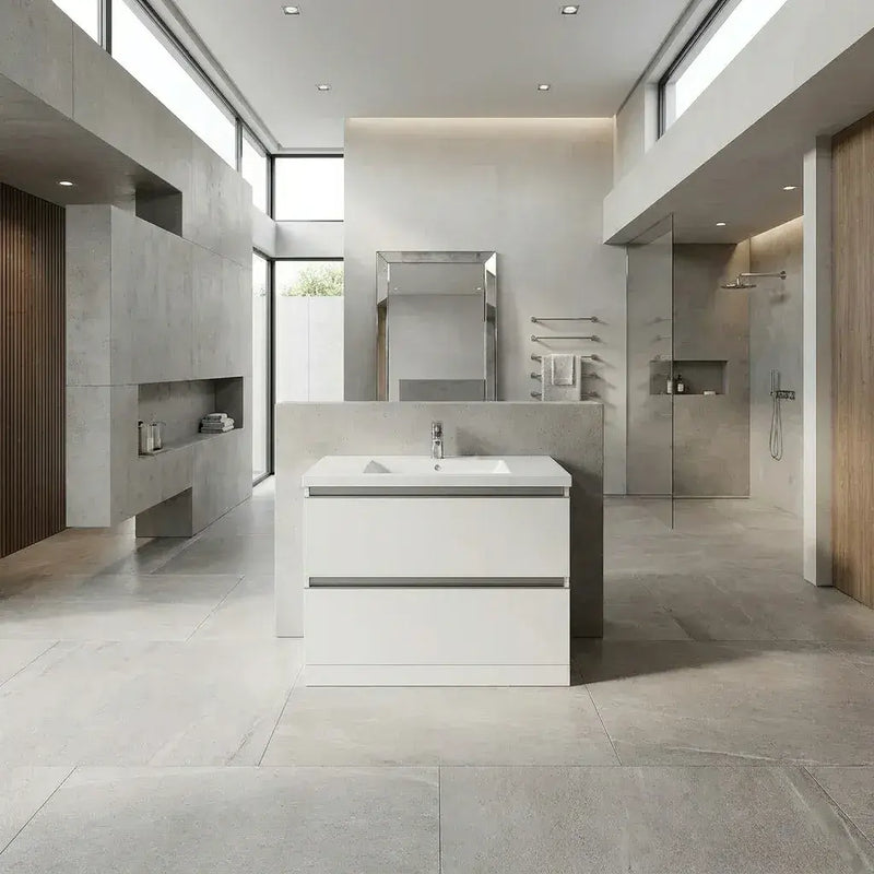 Carmine 815mm 2 Drawer Floor Standing Basin Unit Inc. Basin, White Gloss