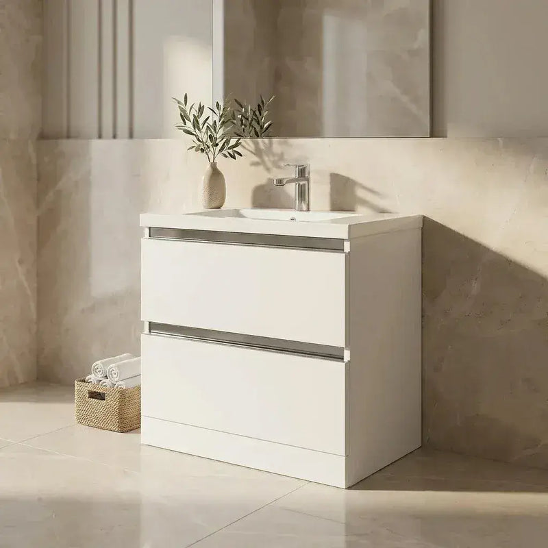 Carmine 815mm 2 Drawer Floor Standing Basin Unit Inc. Basin, White Gloss
