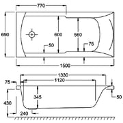 Carron Axis 1500 x 700mm Single Ended Bath - Standard & Carronite Options - Standard