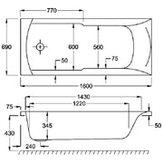 Carron Axis 1600 x 700mm Single Ended Bath - Standard & Carronite Options - Carronite