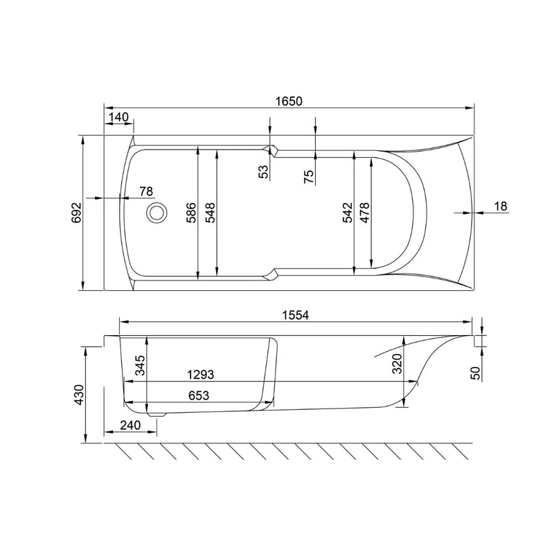 Carron Axis 1650 x 700mm Single Ended Bath - Standard & Carronite Options - Standard