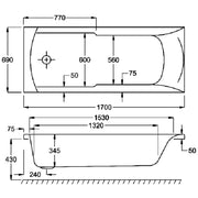 Carron Axis 1700 x 700mm Single Ended Bath With Chrome Grips- Standard & Carronite Options - Carronite