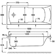 Carron Matrix 1600 x 700mm Single Ended Bath - Standard & Carronite Options - Standard