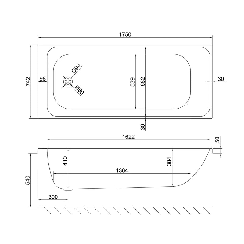 Carron Profile 1750 x 750mm Single Ended Bath - Standard & Carronite Options - Standard