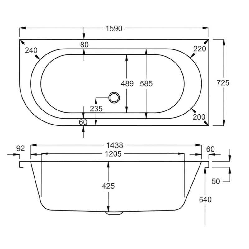 Carron Status 1600mm x 725mm Left-Hand Offset J-Shaped Corner Bath - Carronite