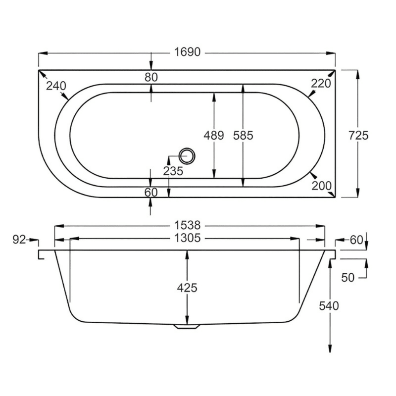 Carron Status 1700mm x 725mm Left-Hand Offset J-Shaped Corner Bath - Standard