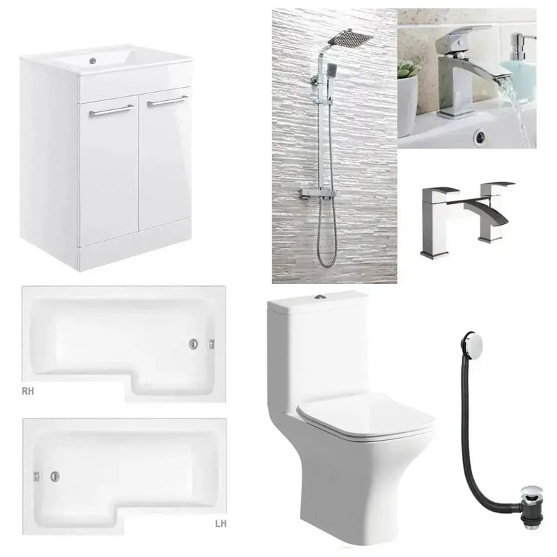 Cedare Vanity Unit Bathroom Pack with L Shape Shower Bath and Dual Shower