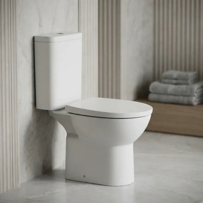 Cruz Rimless Close Coupled Toilet with Optional Colour Flush Push Button & Soft Close Seat