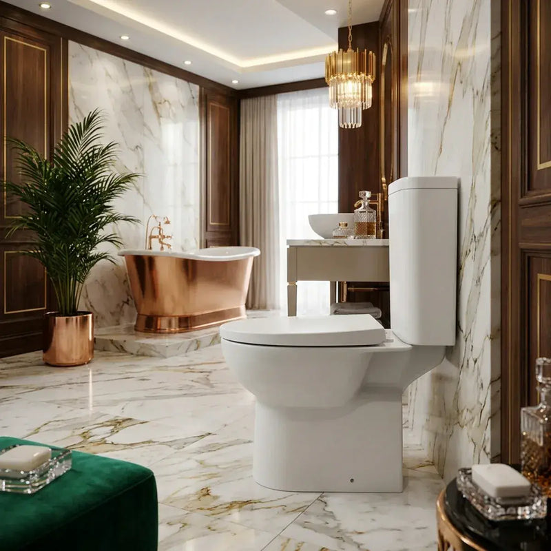 Cruz Rimless Close Coupled Toilet with Optional Colour Flush Push Button & Soft Close Seat