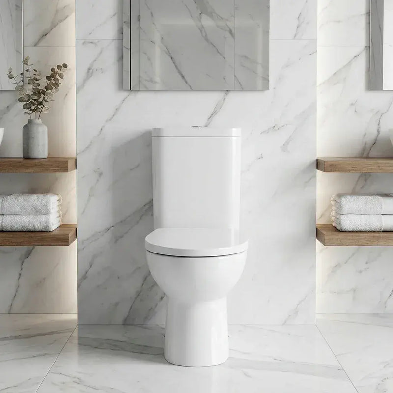Cruz Rimless Close Coupled Toilet with Optional Colour Flush Push Button & Soft Close Seat