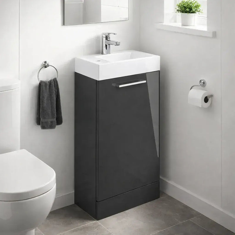 Deltar 410mm Floor Standing 1 Door Basin Unit with Basin, Anthracite Gloss