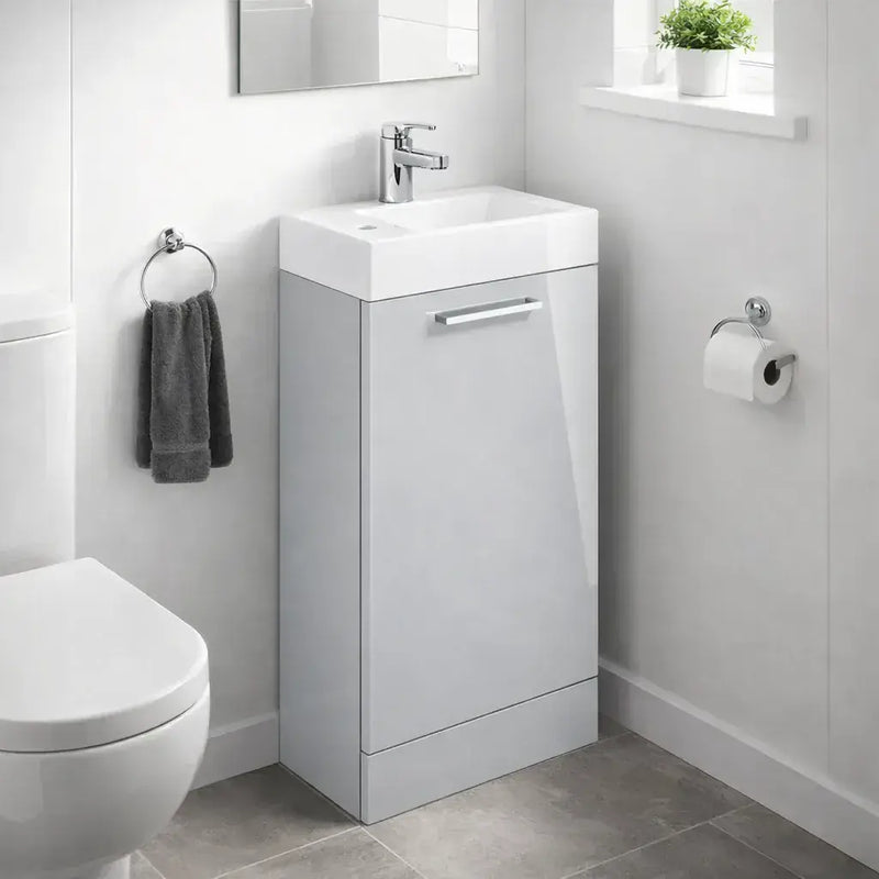 Deltar 410mm Floor Standing 1 Door Basin Unit with Basin, Grey Gloss