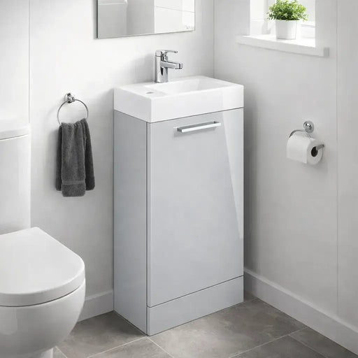Deltar 410mm Floor Standing 1 Door Basin Unit with Basin, Grey Gloss