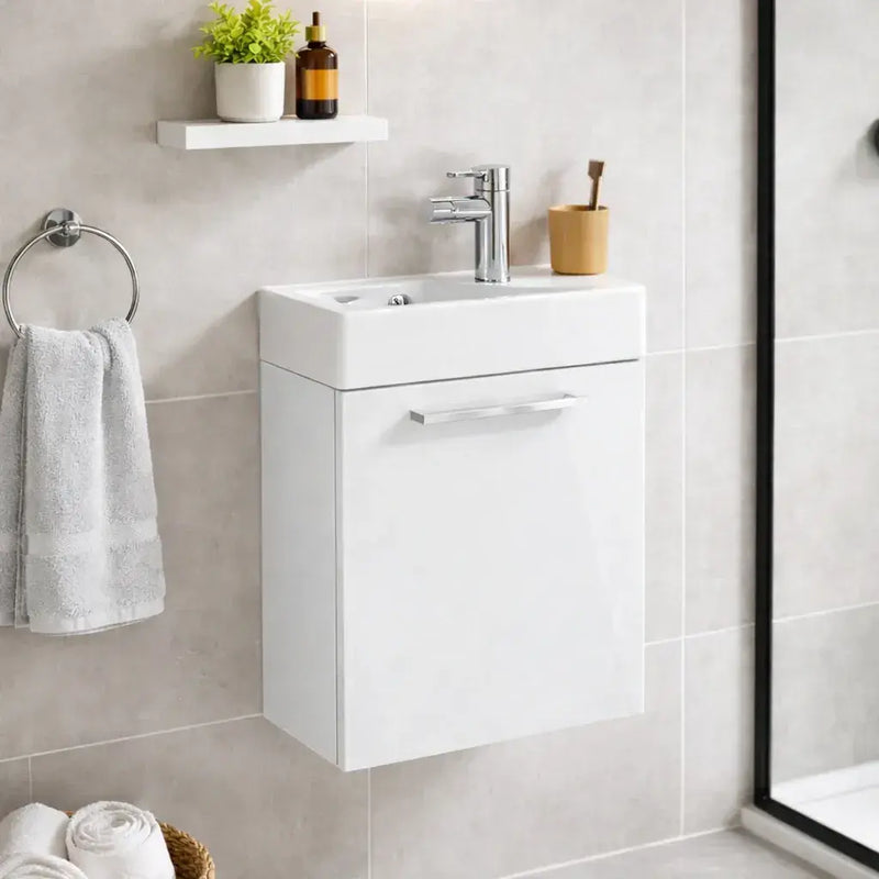 Deltar 410mm Wall Hung 1 Door Basin Unit with Basin, White Gloss