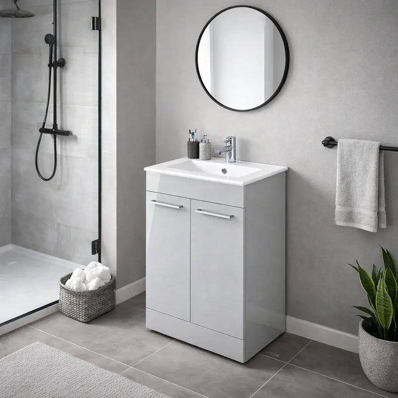 Deltar 510mm Floor Standing 2 Door Basin Unit with Basin, Grey Gloss