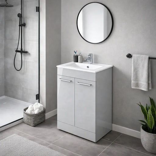 Deltar 510mm Floor Standing 2 Door Basin Unit with Basin, Grey Gloss