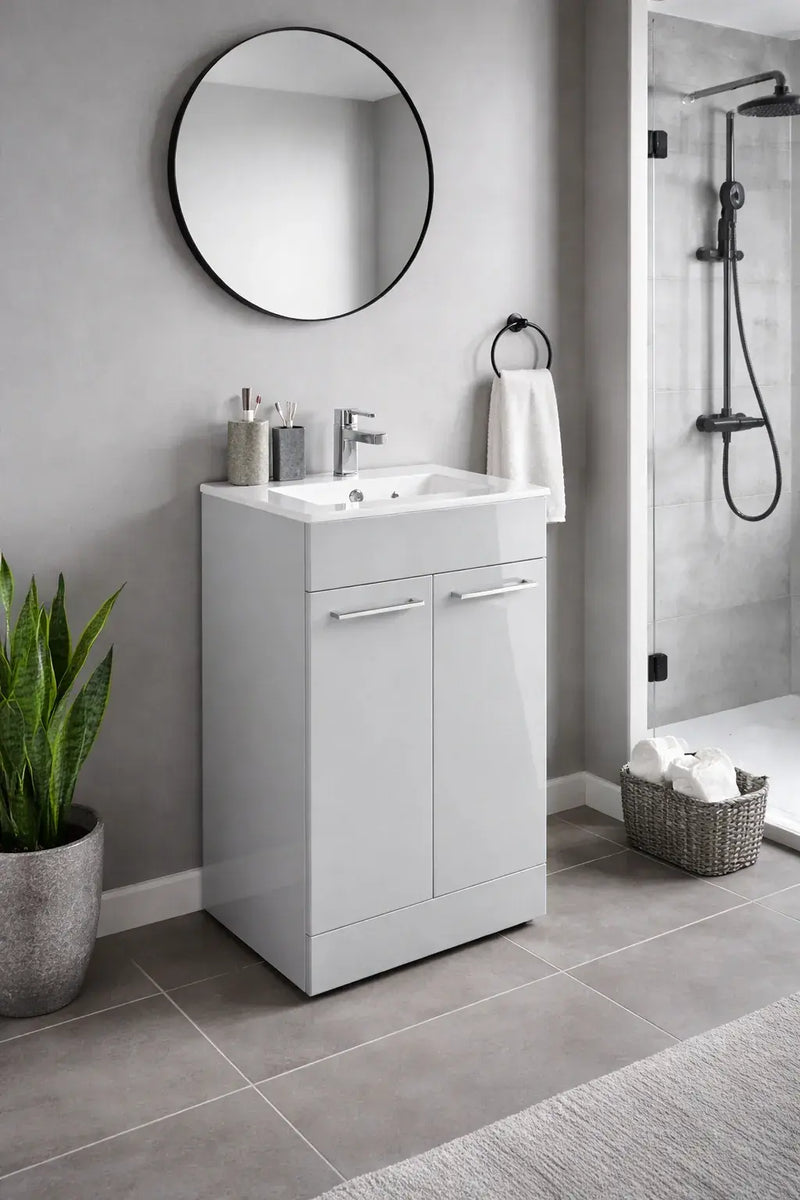 Deltar 510mm Floor Standing 2 Door Basin Unit with Basin, Grey Gloss