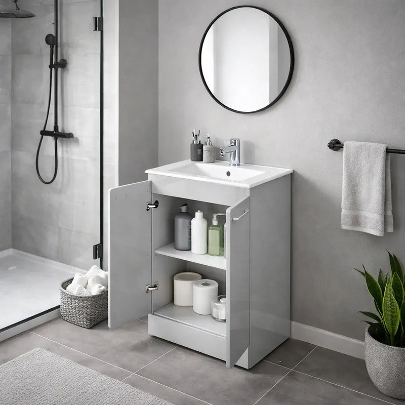 Deltar 510mm Floor Standing 2 Door Basin Unit with Basin, Grey Gloss