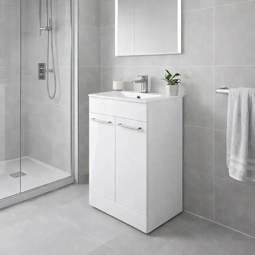 Deltar 510mm Floor Standing 2 Door Basin Unit with Basin, White Gloss