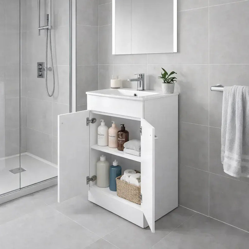 Deltar 510mm Floor Standing 2 Door Basin Unit with Basin, White Gloss