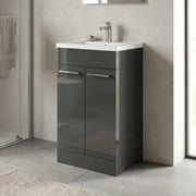 Deltar 610mm Floor Standing 2 Door Basin Unit with Basin, Anthracite Gloss
