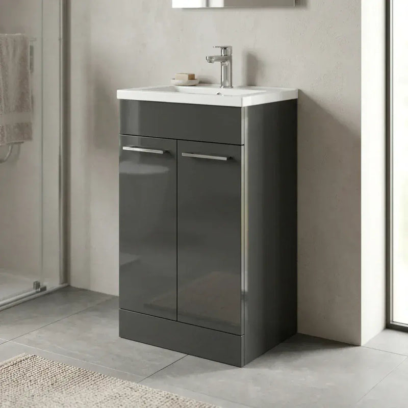Deltar 610mm Floor Standing 2 Door Basin Unit with Basin, Anthracite Gloss
