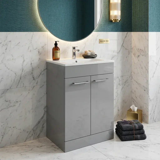 Deltar 610mm Floor Standing 2 Door Basin Unit with Basin, Grey Gloss