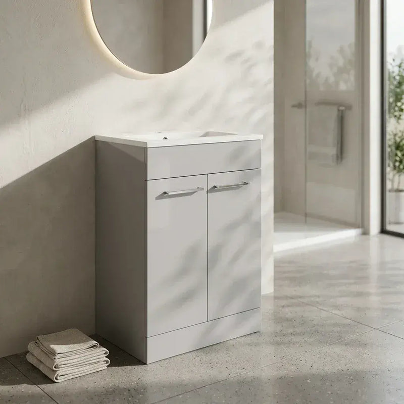 Deltar 610mm Floor Standing 2 Door Basin Unit with Basin, Grey Gloss