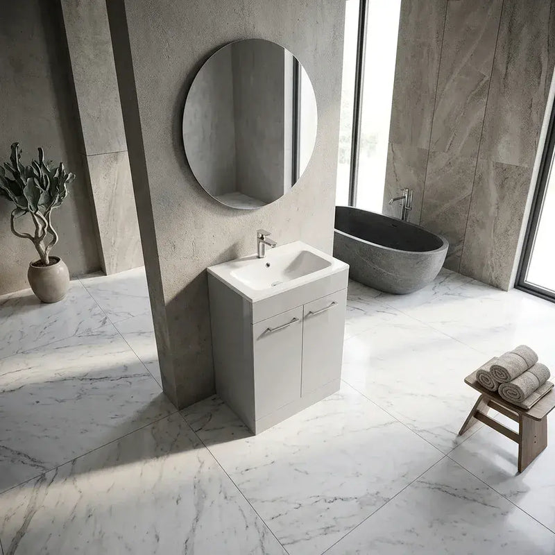 Deltar 610mm Floor Standing 2 Door Basin Unit with Basin, Grey Gloss