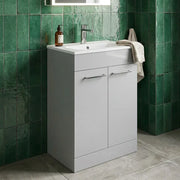 Deltar 610mm Floor Standing 2 Door Basin Unit with Basin, Grey Gloss