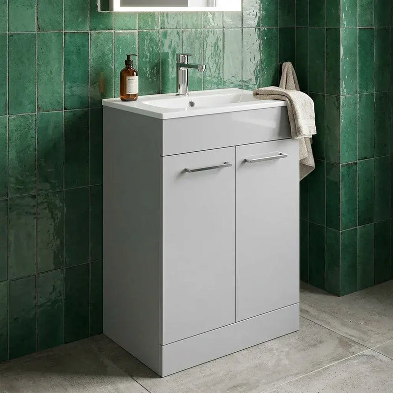 Deltar 610mm Floor Standing 2 Door Basin Unit with Basin, Grey Gloss