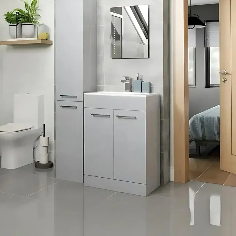 Deltar 610mm Floor Standing 2 Door Basin Unit with Basin, Grey Gloss