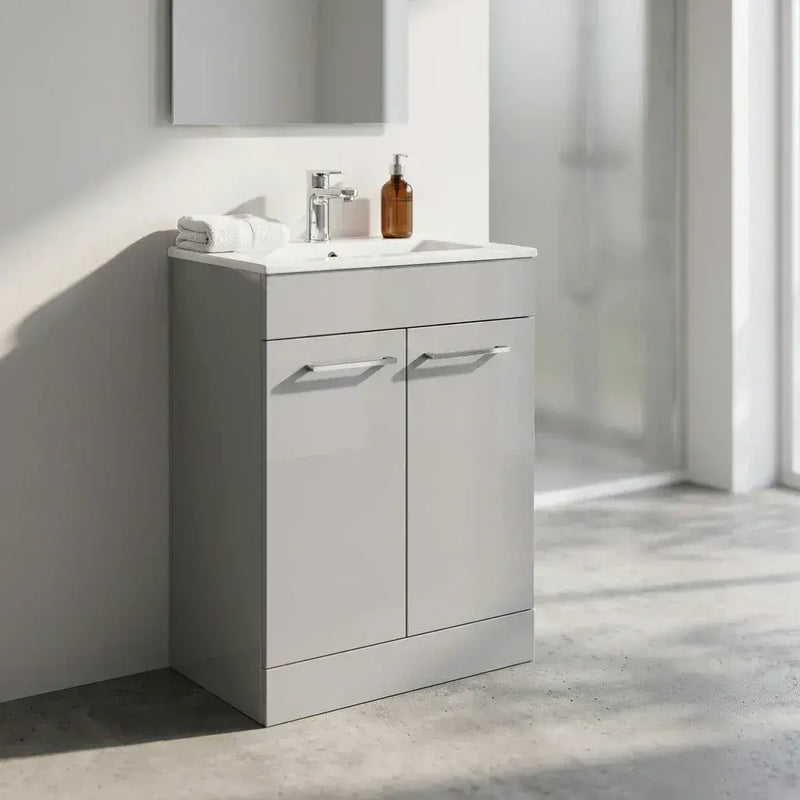 Deltar 610mm Floor Standing 2 Door Basin Unit with Basin, Grey Gloss