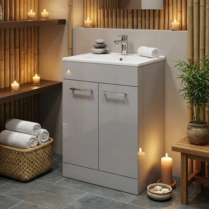 Deltar 610mm Floor Standing 2 Door Basin Unit with Basin, Grey Gloss