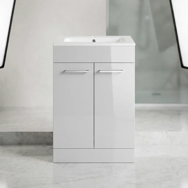 Deltar 610mm Floor Standing 2 Door Basin Unit with Basin, Grey Gloss
