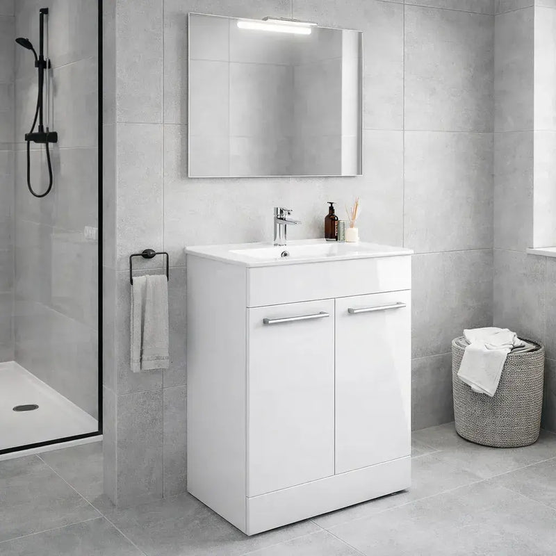Deltar 610mm Floor Standing 2 Door Basin Unit with Basin, White Gloss
