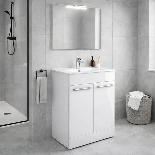 Deltar 610mm Floor Standing 2 Door Basin Unit with Basin, White Gloss
