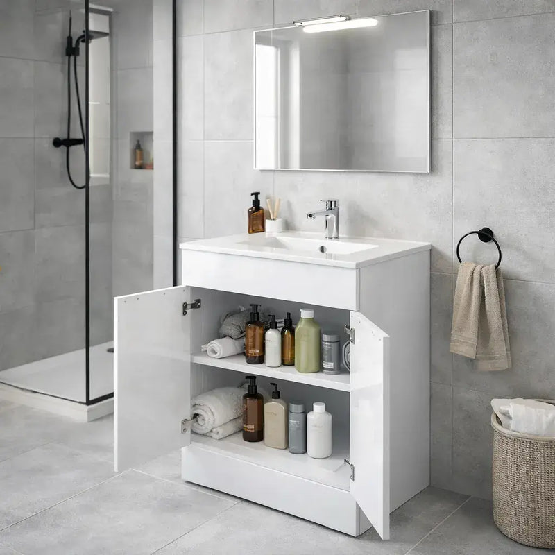 Deltar 610mm Floor Standing 2 Door Basin Unit with Basin, White Gloss