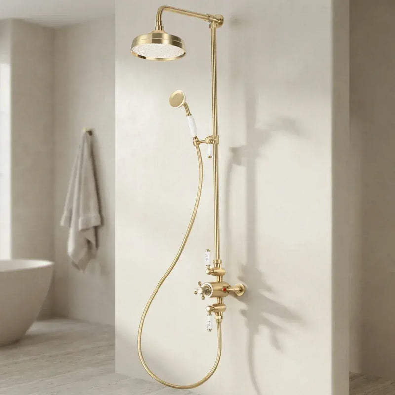 Derwents Traditional Exposed Thermostatic Dual Head Shower Kit Brushed Brass