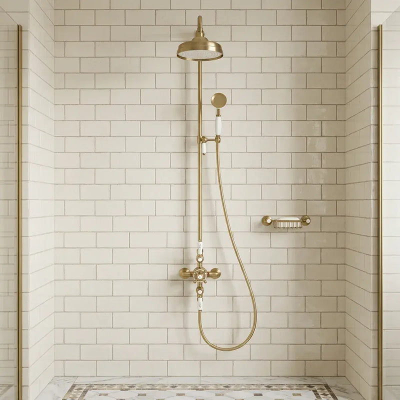 Derwents Traditional Exposed Thermostatic Dual Head Shower Kit Brushed Brass