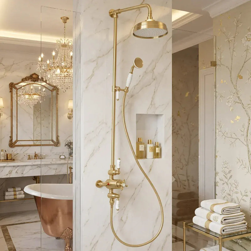 Derwents Traditional Exposed Thermostatic Dual Head Shower Kit Brushed Brass