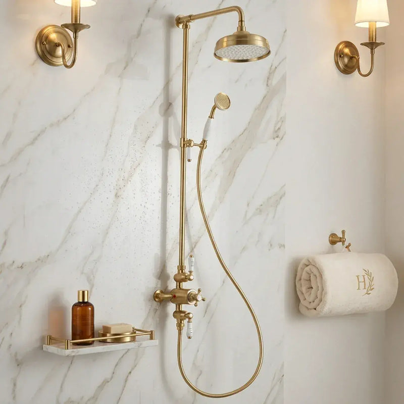 Derwents Traditional Exposed Thermostatic Dual Head Shower Kit Brushed Brass